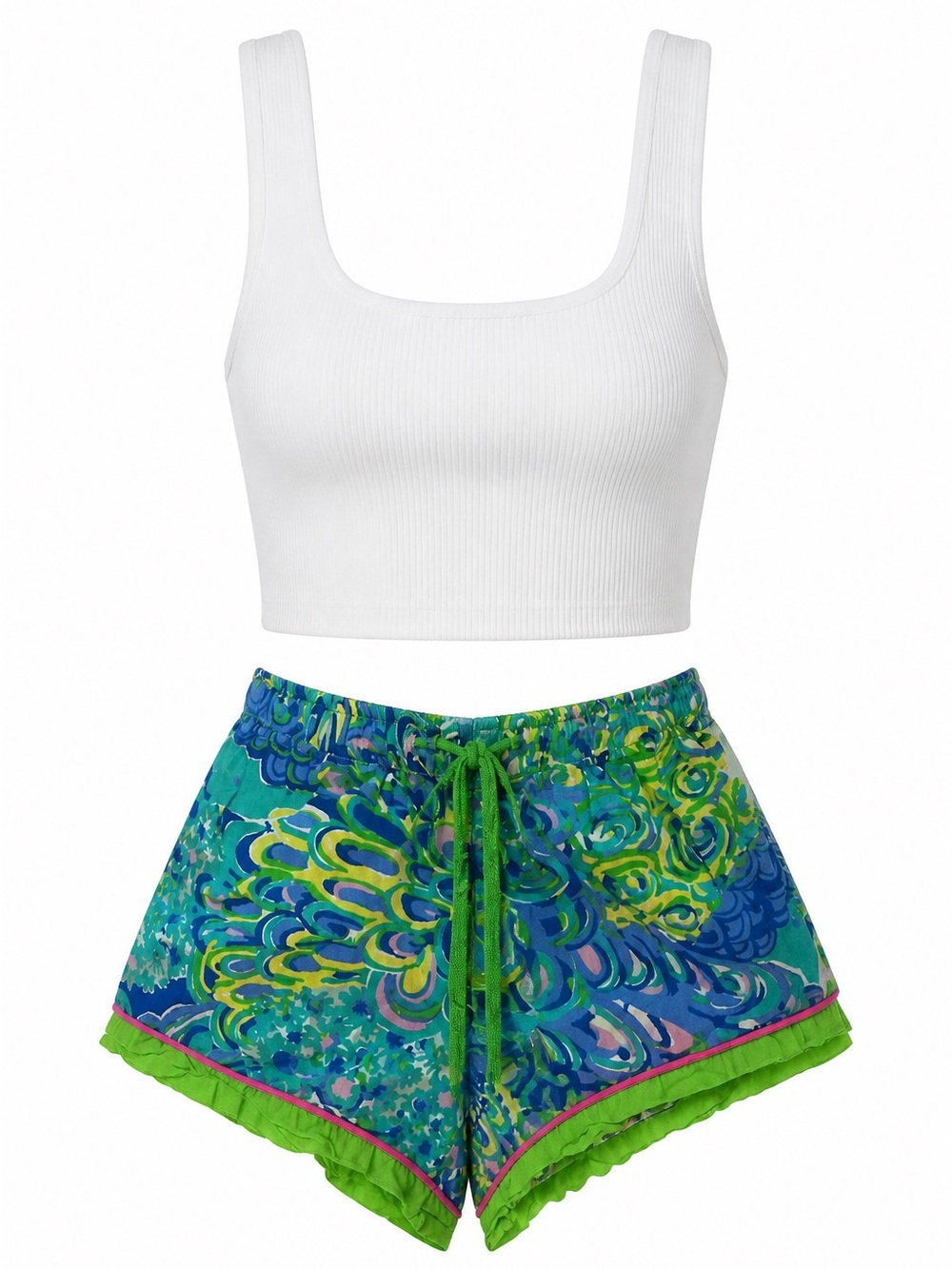 Women's Blue & Green Floral Athletic Shorts with Drawstring